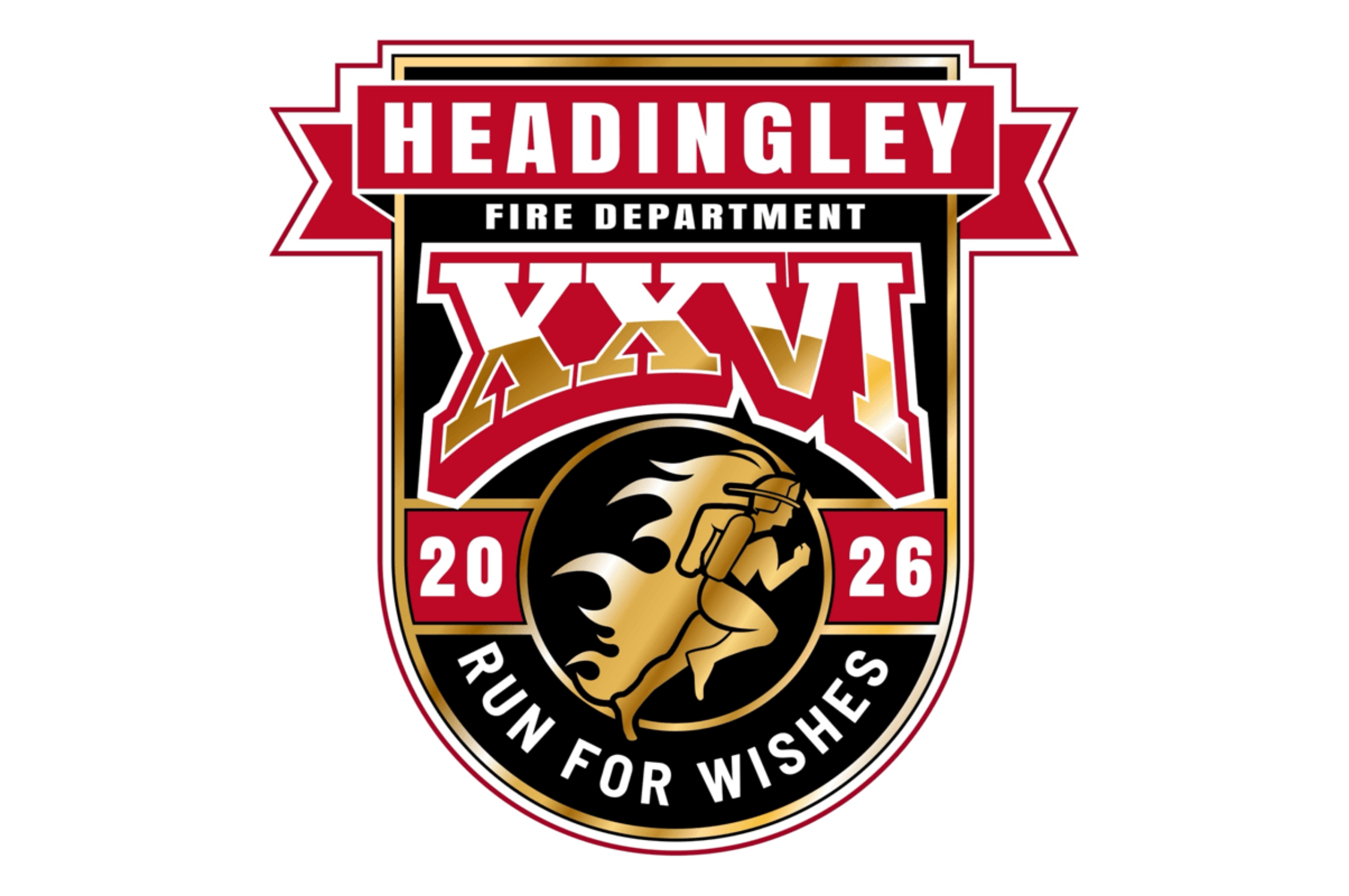 Headingley Fire Department RUN/HFD 2026 logo featuring a shield design with red, black, and gold accents, the text “Headingley Fire Department XXVI,” a runner silhouette, and the words “Run for Wishes,” with “20” and “26” displayed on either side.