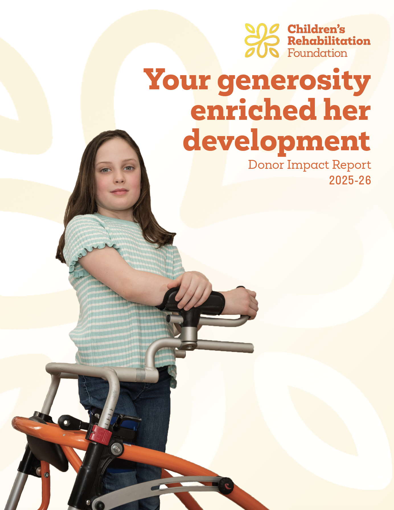 2025/26 ambassador Claire posses with her walker on the front.